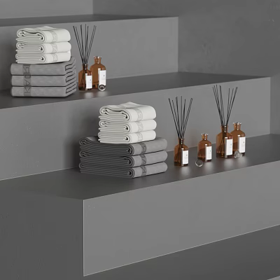 Stylish Bathroom Accessories With White Gray Folded Towels And Fragrance Bottles On Gray Shelves 3d model