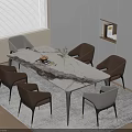Modern Dining Table Combination with Marble Tabletop Brown Beige Chairs White Cabinets and Window Blinds 3d model