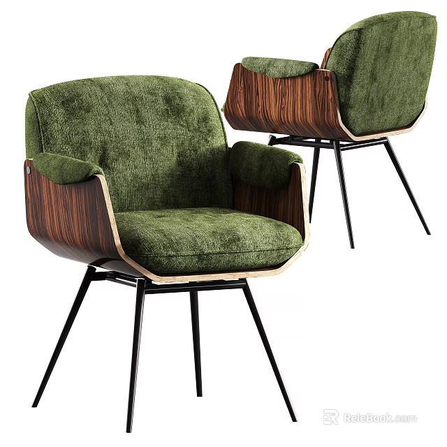 Modern Dining Chairs With Green Upholstery Wooden Armrests And Black Metal Legs 3d model 