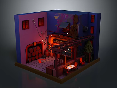 Charming Indoor Pub Interior Design With Wine Barrels Wooden Table String Lighting And Colorful Decor 3d model