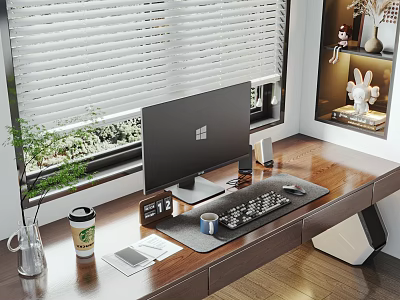 Modern Computer Workspace Setup On Wooden Desk With Monitor Keyboard Mouse Pad And Green Plant 3d model