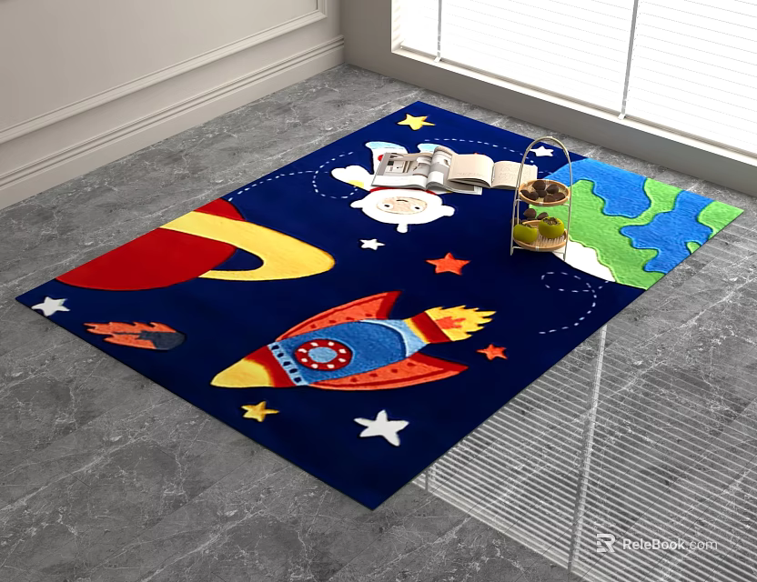 Colorful Blue Square Carpet With Rocket Stars Moon Sheep For Kids Room 3d model 