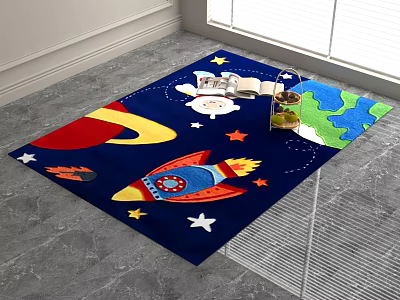 Colorful Blue Square Carpet With Rocket Stars Moon Sheep For Kids Room 3d model
