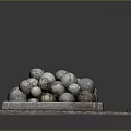Wooden Plank And Stone Display With Decorative Stone Balls On Tiled Floor
