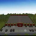 Grand Tiered Structure With Red Yellow Decor Surrounded by Trees Mountains Parking Lot People Activities