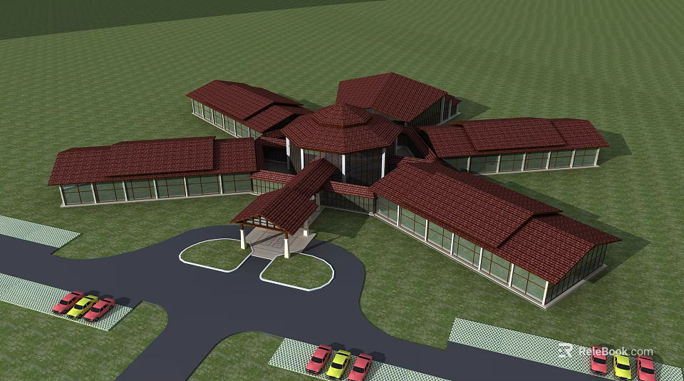 Multi Winged Building Complex With Red Tiled Roofs Green Lawns And Parking Area With Cars 3d model 