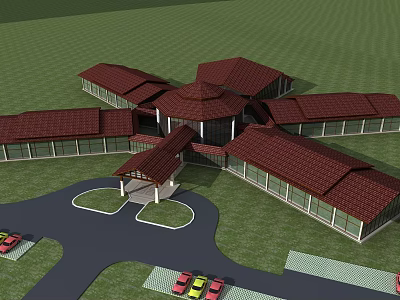 Multi Winged Building Complex With Red Tiled Roofs Green Lawns And Parking Area With Cars 3d model
