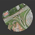 Urban Road Intersection With Green Spaces Trees And Buildings Area