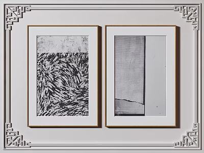 Black And White Abstract Artworks With Chinese Style Borders On Wall 3d model