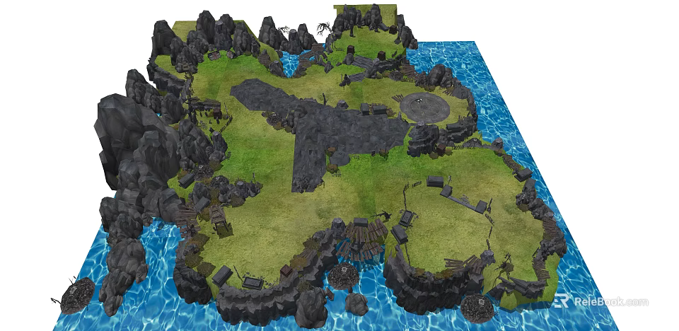3D Island Terrain Model With Rocks Grass Water And Wooden Platforms 3d model 
