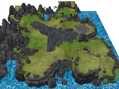 3D Island Terrain Model With Rocks Grass Water And Wooden Platforms 3d model