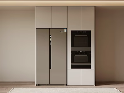 Modern Kitchen Interior Design Featuring Built In Refrigerator And Freezer Cabinets 3d model