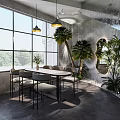 Modern Café Interior Design With Round Tables Comfortable Chairs Hanging Lights And Green Plants