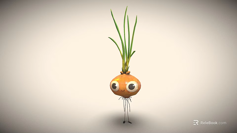Cartoon Onion Game Movie Character With Big Eyes Smiling Face Green Leaves And Thin Legs 3d model 