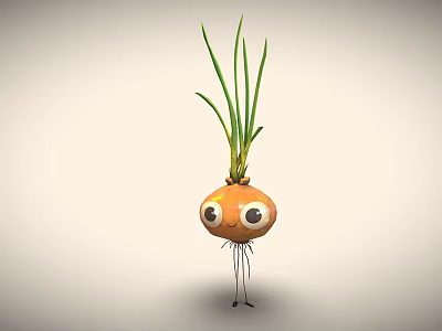 Cartoon Onion Game Movie Character With Big Eyes Smiling Face Green Leaves And Thin Legs 3d model