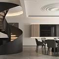 Modern Minimalist Dining Room Interior With Round Table Chairs And Circular Ceiling Light 3d model