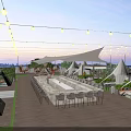 Rooftop Bar with String Lights Pool Tents Wooden Deck and Outdoor Seating