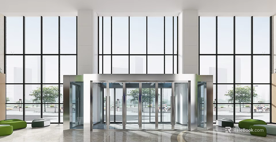 Modern Front Desk Reception Lobby With Revolving Glass Doors Large Windows And Marble Flooring 3d model 
