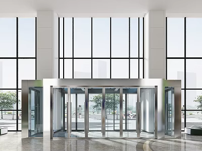 Modern Front Desk Reception Lobby With Revolving Glass Doors Large Windows And Marble Flooring 3d model