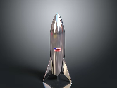 Metallic Silver Rocket Model With American Flag For Space Exploration 3d model