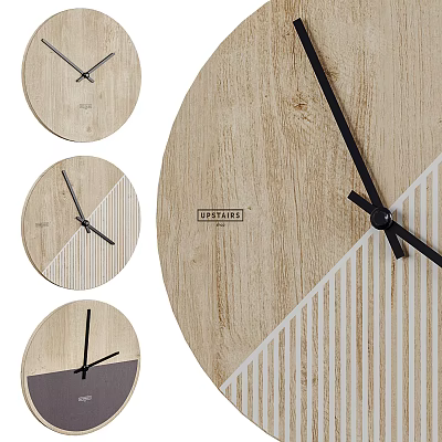Modern Wooden Wall Clocks Featuring Various Designs Striped Patterns And Natural Grain 3d model