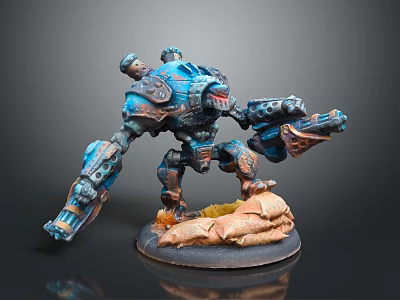 Detailed Blue And Gray Mechanical Warrior Model With Weapon And Sandy Base 3d model