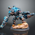 Detailed Blue And Gray Mechanical Warrior Model With Weapon And Sandy Base