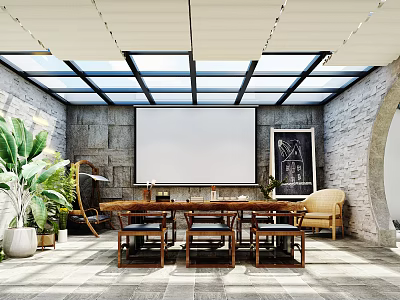 Elegant Villa Balcony Featuring Glass Roof Stone Walls Long Wooden Table And Plants 3d model