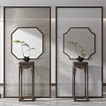 Decorative Partition Screen With Wooden Frame Octagonal Mirror And Plant Stand 3d model