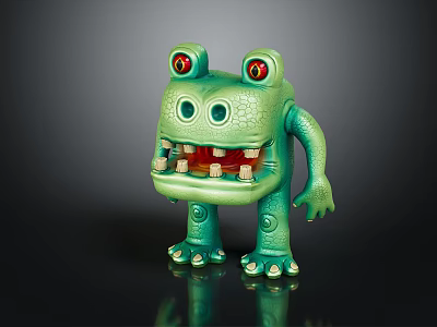 Cute Green Cartoon Monster Toy Character With Red Eyes And Spiral Decorations Design 3d model