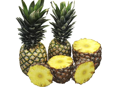Fresh Ripe Pineapples With Whole Fruits And Sliced Yellow Flesh 3d model