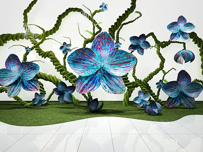 Colorful Blue Flowers With Green Vines And Grassy Base On White Floor 3d model