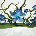 Colorful Blue Flowers With Green Vines And Grassy Base On White Floor