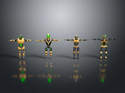 Four Yellow And Green Robot Characters With Black Details Standing Arms Extended Gray Background 3d model