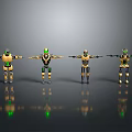 Four Yellow And Green Robot Characters With Black Details Standing Arms Extended Gray Background