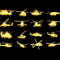 Multiple Golden Helicopter Silhouettes with Various Models on Black Background 3d model