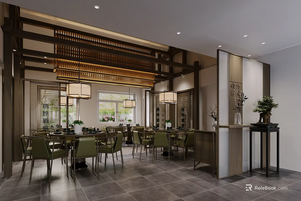 Modern Traditional Restaurant Interior With Wooden Grilles Pendant Lights Dining Tables And Plants 3d model 