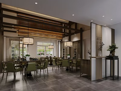 Modern Traditional Restaurant Interior With Wooden Grilles Pendant Lights Dining Tables And Plants 3d model