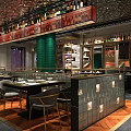 Modern Restaurant Interior Featuring Green Pillars Black Shiny Ceiling Central Counter And Stylish Stools