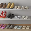 Various Shoes Collection Including Leather Shoes High Heels Slippers And Flats On Shelves And Floor
