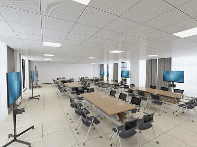 School Modern Classroom With Tables Screens And Chairs 3d model