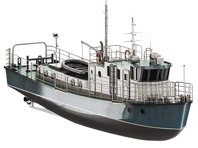Small Blue and White Work Boat with Railings Antennas and Cabin 3d model