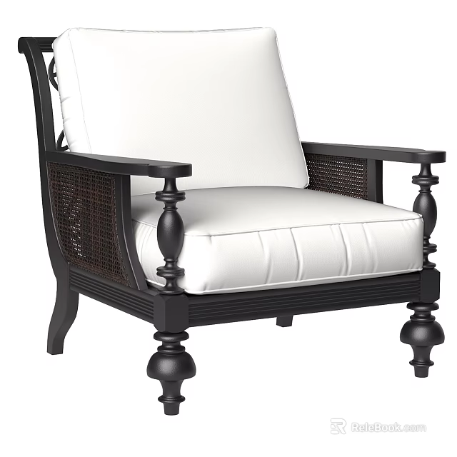 Elegant Single Armchair with Black Wooden Frame White Cushion and Woven Armrest Details 3d model 