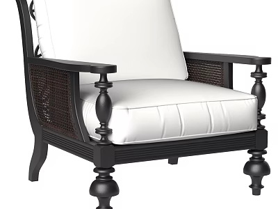 Elegant Single Armchair with Black Wooden Frame White Cushion and Woven Armrest Details 3d model