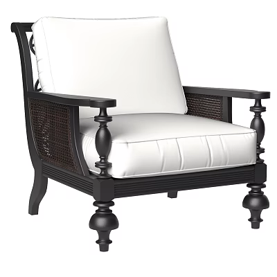 Elegant Single Armchair with Black Wooden Frame White Cushion and Woven Armrest Details 3d model