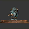 Mythical Blue Spotted Creature with Ornamental Gear Standing on Orange Circular Stone Platform