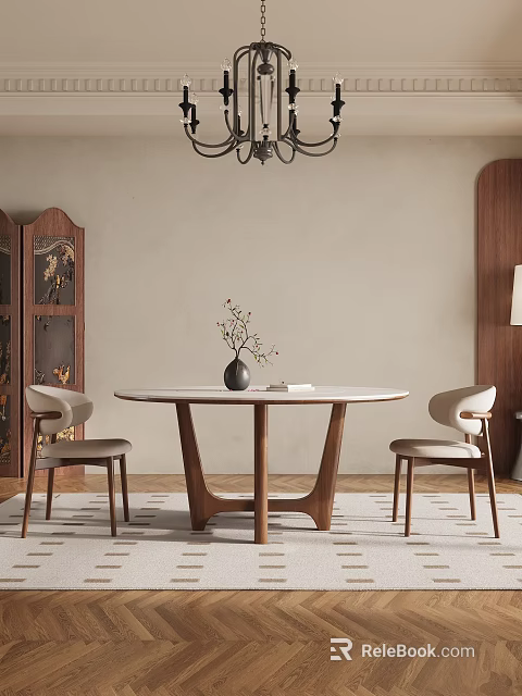 Elegant Modern Restaurant Interior With Round Wooden Dining Table Chairs Vase Chandelier And Beige Walls 3d model 