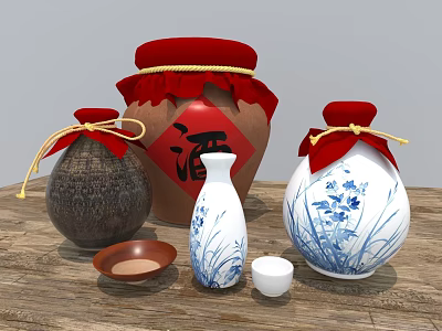 Traditional Chinese Ceramic Wine Bottles and Cups Featuring Red Covers and Blue White Patterns 3d model