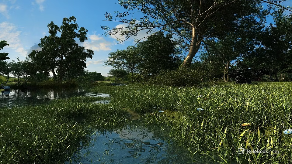 Beautiful Park Landscape Featuring Lush Green Grass Pond Trees And Blue Sky With White Clouds 3d model 
