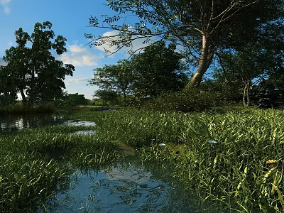 Beautiful Park Landscape Featuring Lush Green Grass Pond Trees And Blue Sky With White Clouds 3d model
